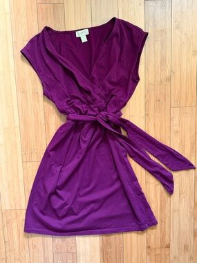 LOFT Cotton Plum Purple Belted Wrap Style Dress Small | V Neck Tie Waist Mini